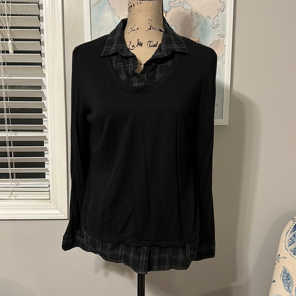 Anthropologie black and grey Plaid collared shirt crew neck long sleeve sweater